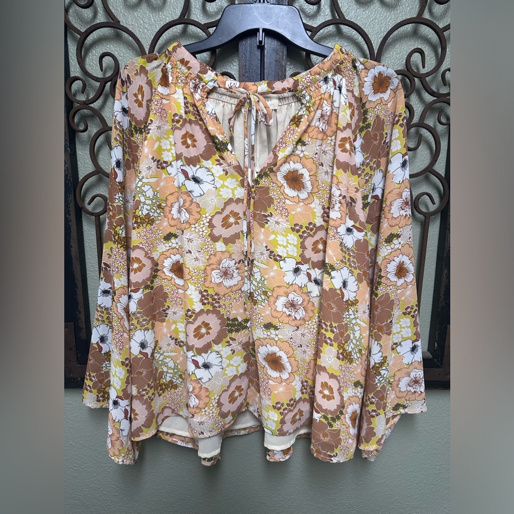 Melloday peach & brown floral tie vneck boho long sleeve blouse